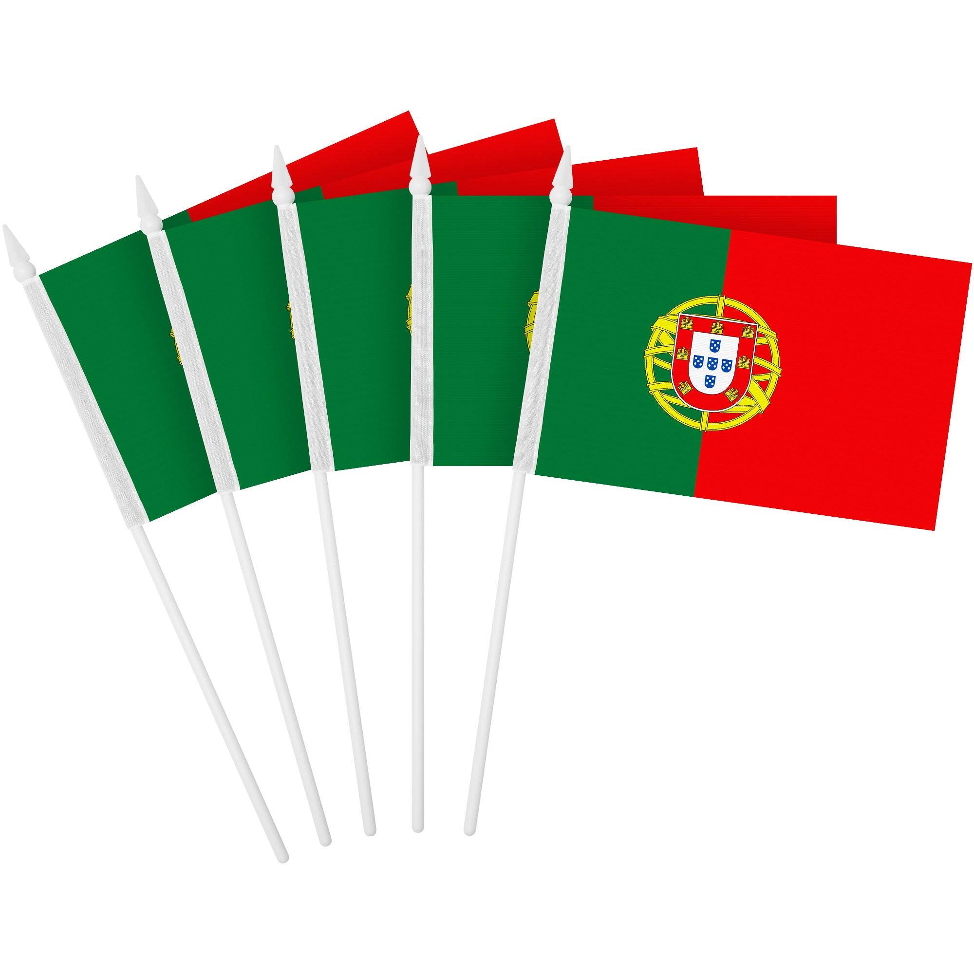 Front. G128 - 30-Pack Handheld Portugal Stick Flags, 4 x 6 in, Printed 150D Polyester with Plastic Spear Sticks. - Assorted Colors.