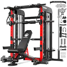 Pooboo - All-In-One Power Cage Smith Machine System with 1500lb Adjustable Weight Bench,Workout Station for Home Gym - Black