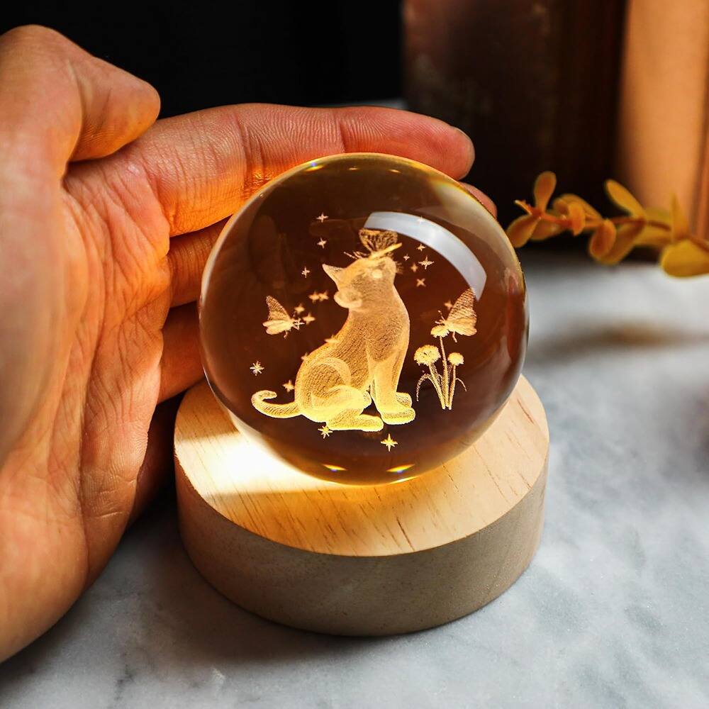 Alt View 1. Schertz - 2.3" Engraved Cat Crystal Ball Night Light – Memorial Gift for Cat Lovers.