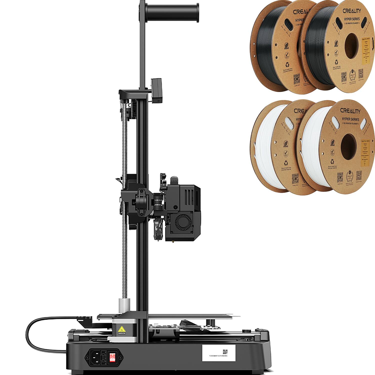 CREALITY is the brand of the 3D printer shown in the image. The printer is designed to work with 3D printing filament, and it is displayed with several rolls of filament. The filament is available in different colors, and the printer is ready to use for creating 3D models.