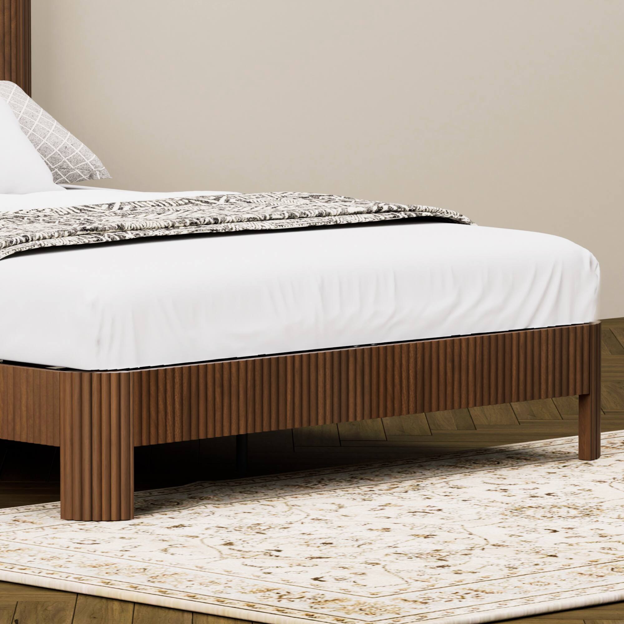 Alt View 9. GOODSILO - Queen Size Storage Bed Frame with Charging Station and Wavy Curved Headboard Design in Natural Finish - Walnut.