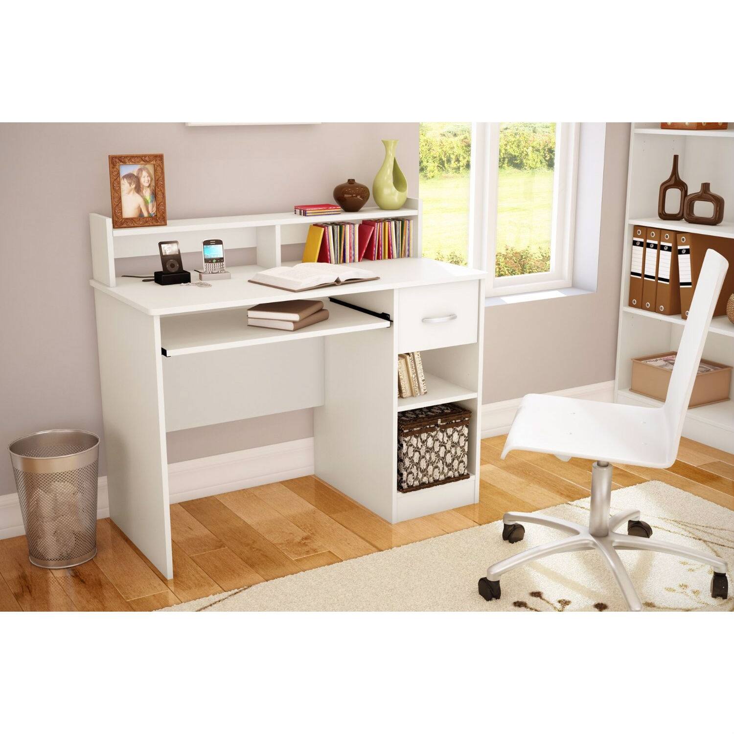 Angle. Hivvago - Contemporary Home Office Computer Desk in White Wood Finish - White.