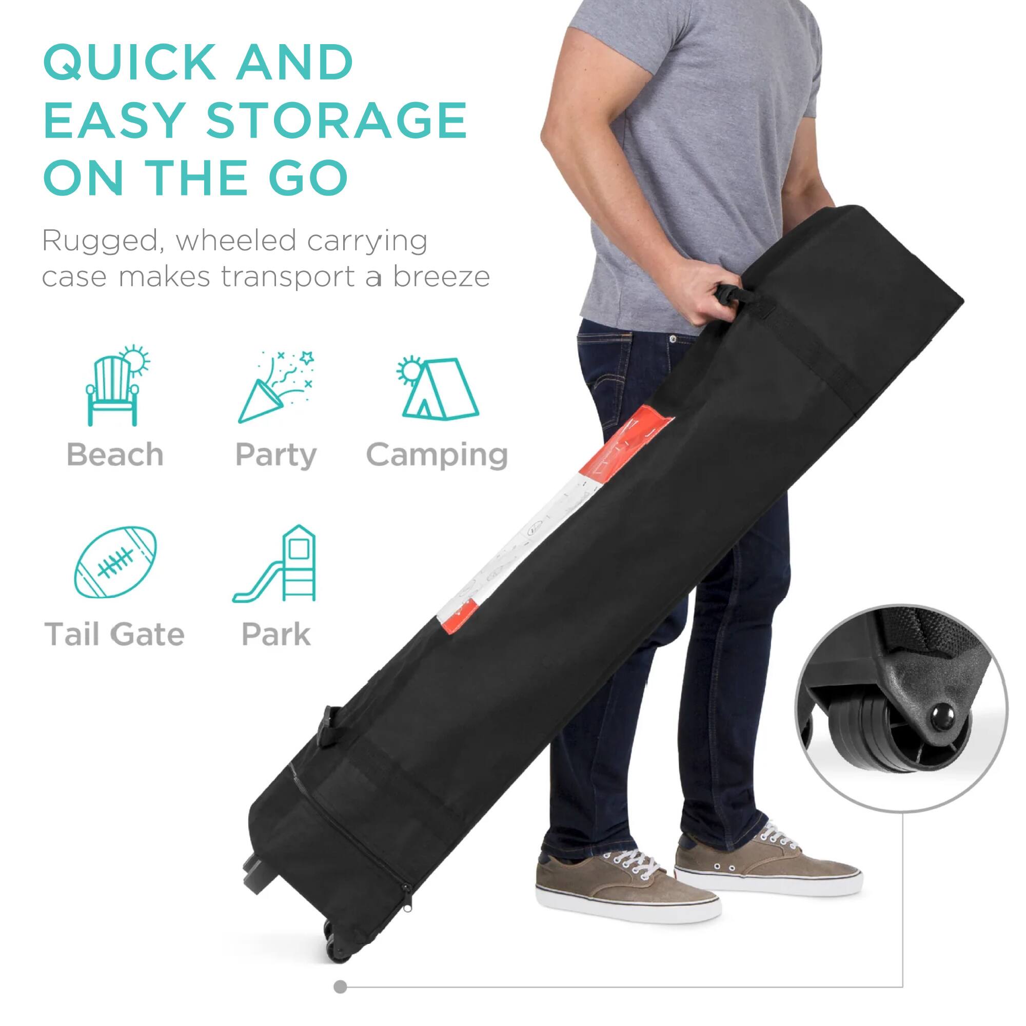 QUICK AND EASY STORAGE ON THE GO

Rugged, wheeled carrying case makes transport a breeze

- Beach
- Party
- Camping
- Tail Gate
- Park