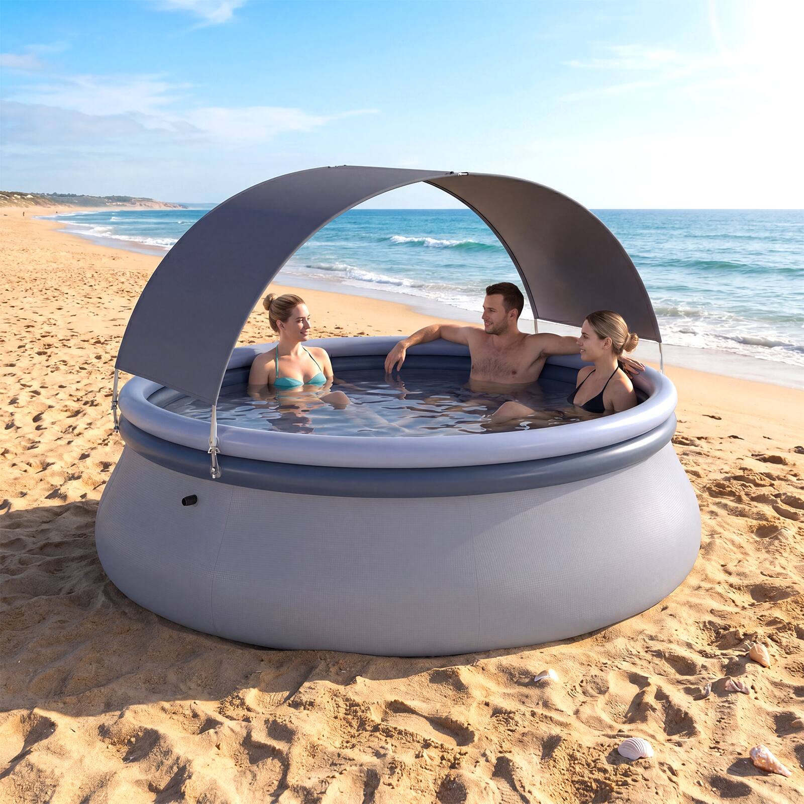 Alt View 1. Costway - Costway Outdoor Inflatable Pool, Round Blow Up Pool with Sunshade Canopy for Adults - Blue + Gray.