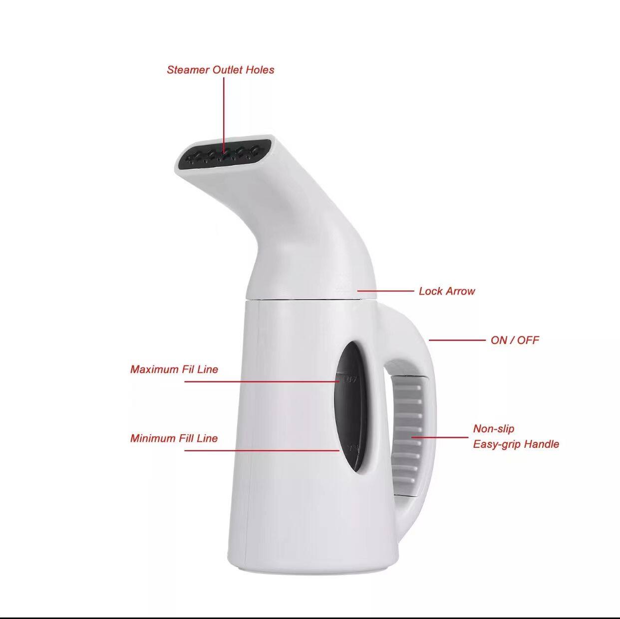- Steamer Outlet Holes
- Lock Arrow
- ON / OFF
- Maximum Fill Line
- Minimum Fill Line
- Non-slip Easy-grip Handle