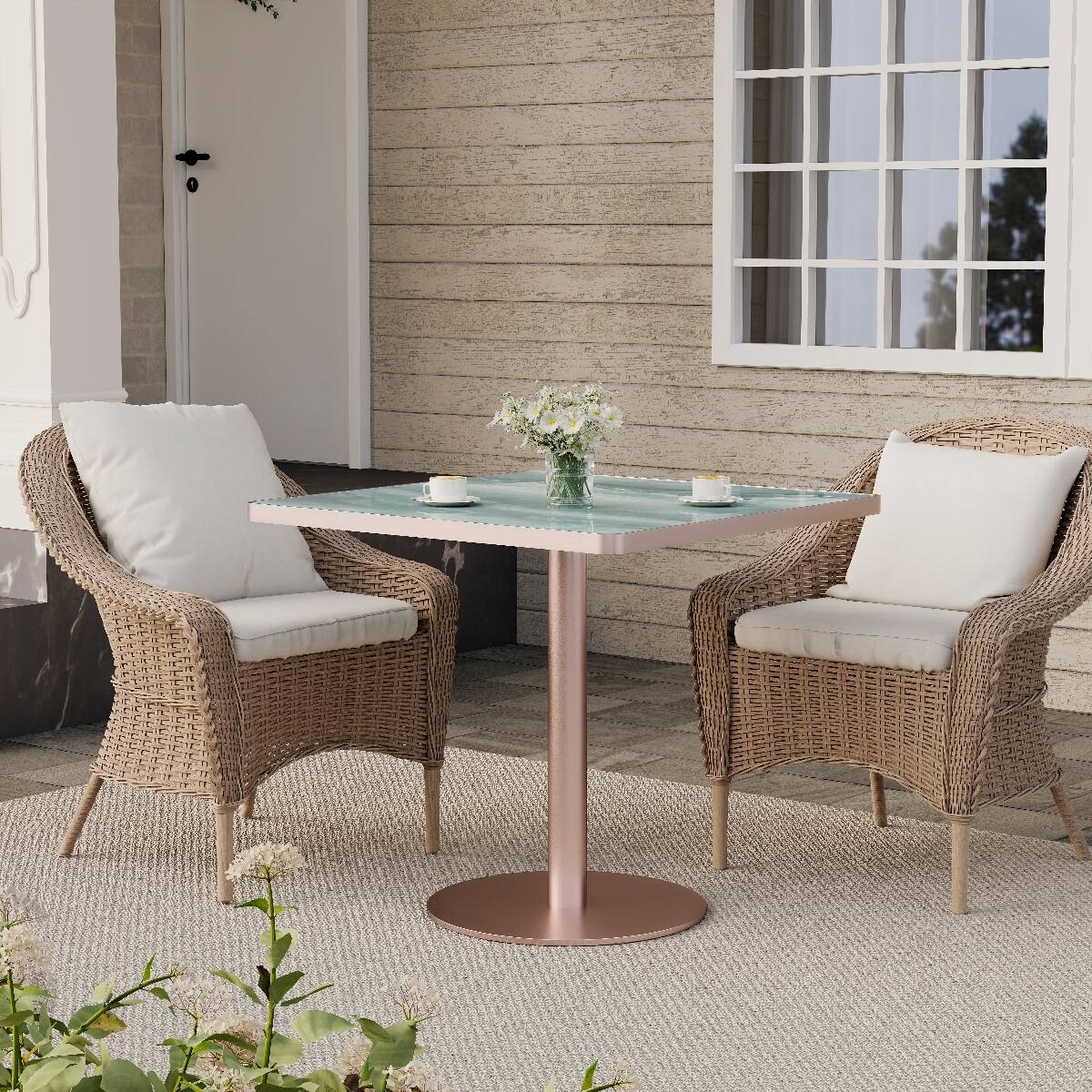 Alt View 3. Loheer - Loheer 31.5 Inch Square Dining Table, Sintered Stone Top, Rose Gold Pedestal Base - Green and Rose Gold.