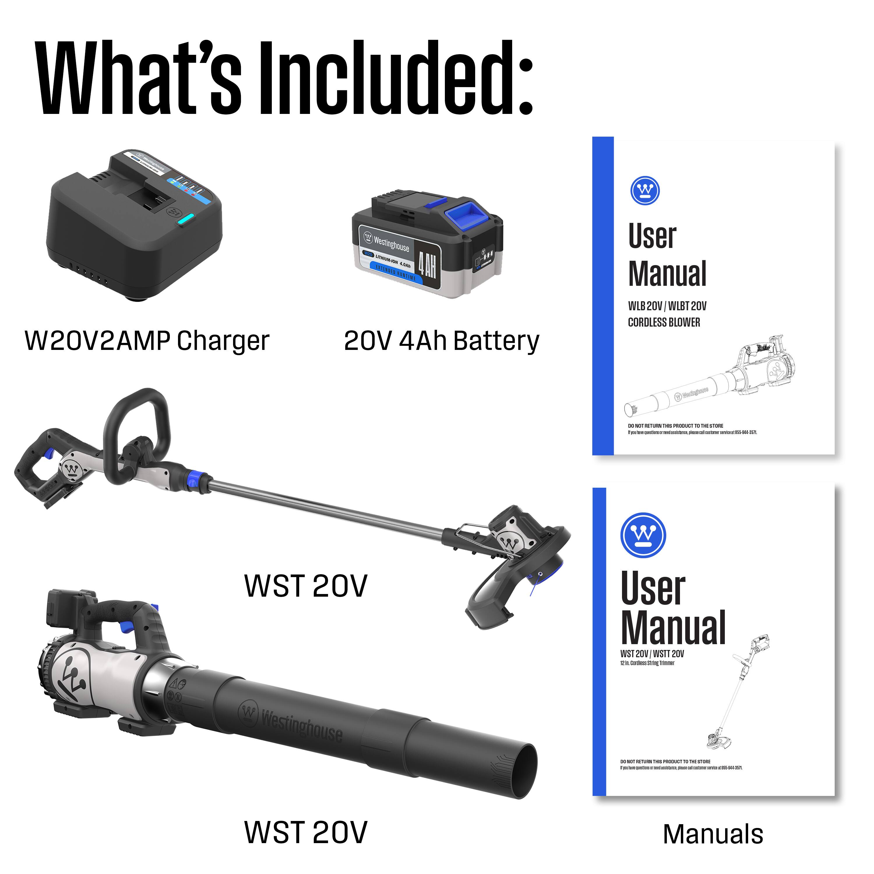 What's Included:  
- W20V2AMP Charger  
- 20V 4Ah Battery  
- User Manual (WIB2 20V CORDLESS BLOWER)  
- WST 20V  
- User Manual (WST 20V)