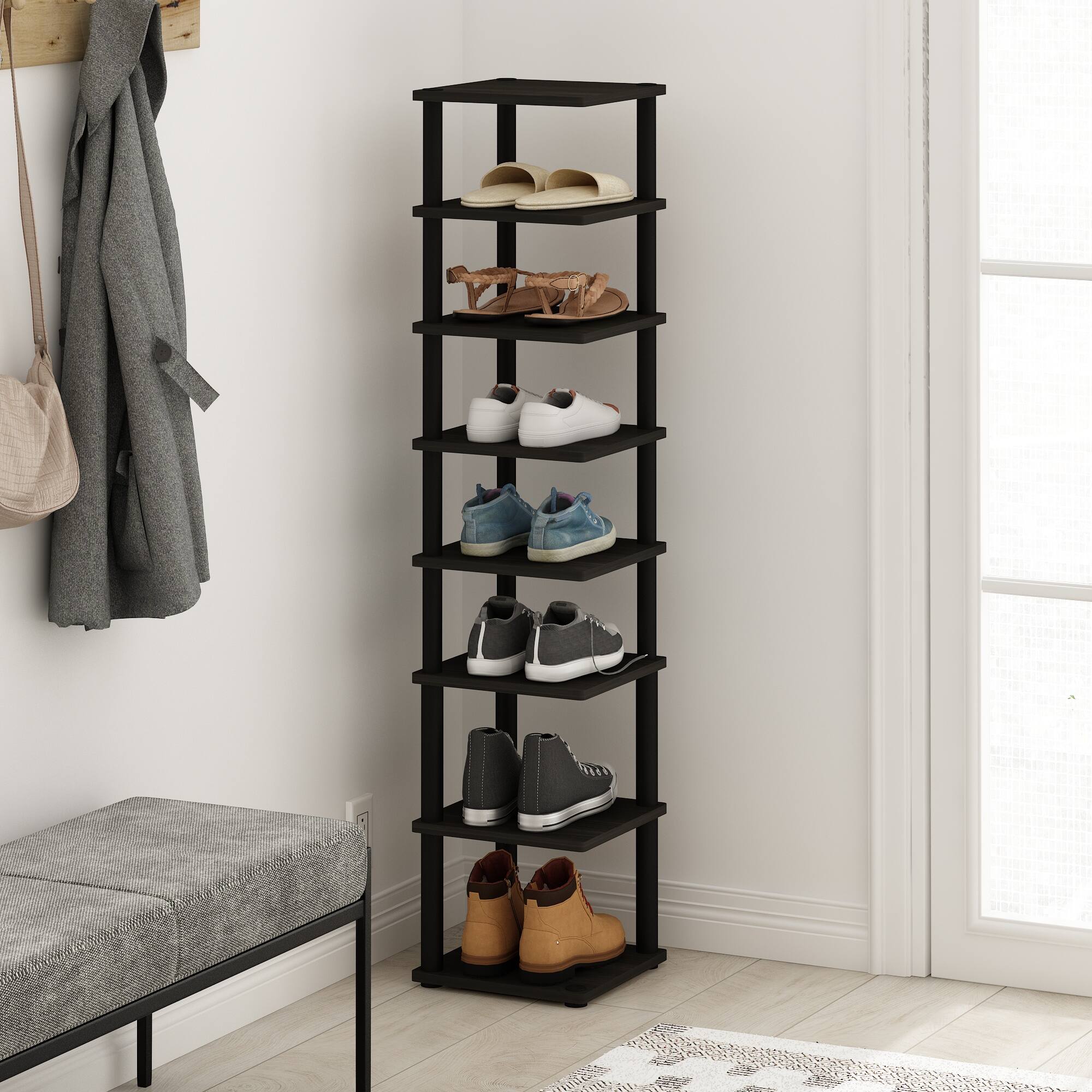 Alt View 5. Furinno - Turn-N-Tube 8-Tier Vertical Space Saving Free Standing Shoe Tower, Shoe Rack for Closet Entryway - Espresso/Black.