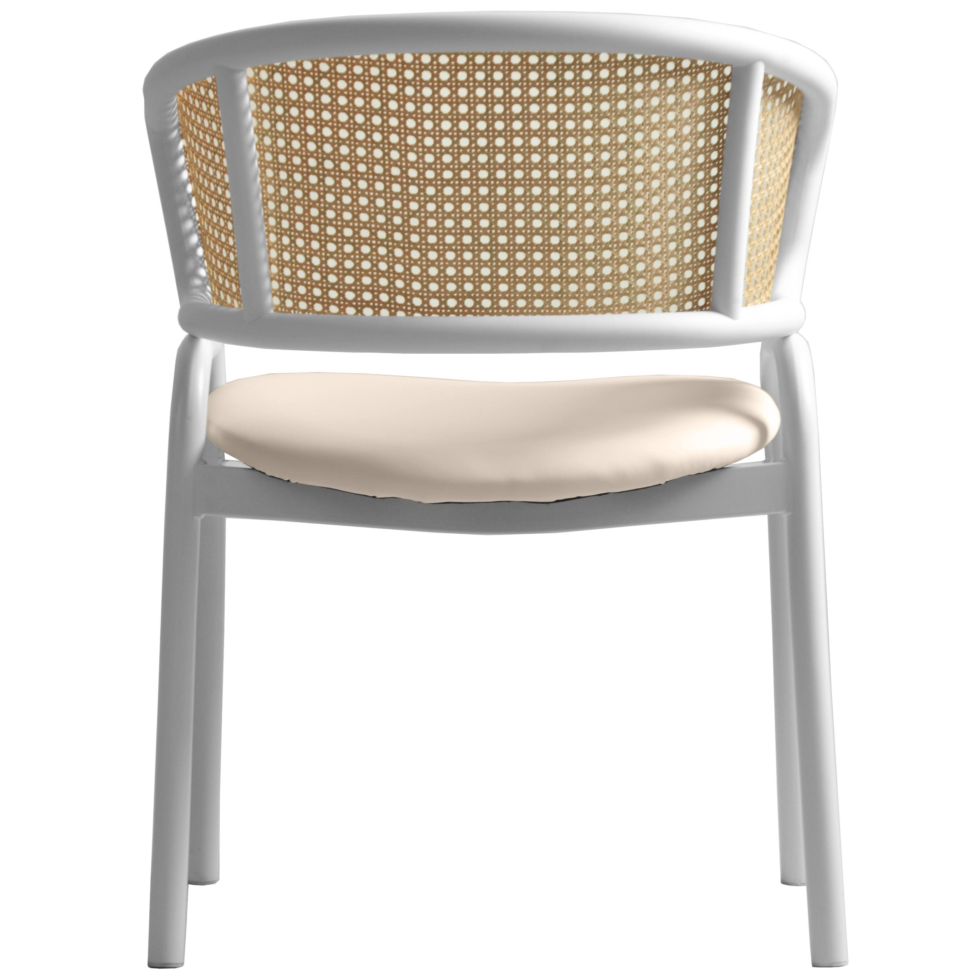 Alt View 6. LeisureMod - Ervilla Modern Rattan Dining Chair, Leather Upholstered Kitchen Side Accent Chair with White Metal Frame - White.