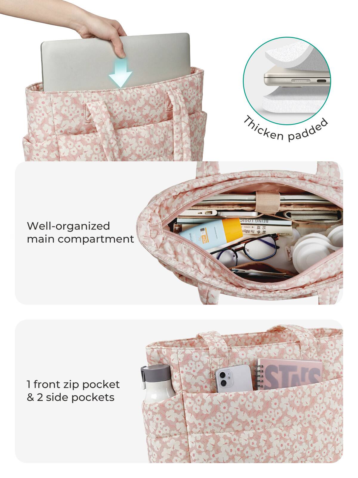 Thicken padded  
Well-organized main compartment  
1 front zip pocket & 2 side pockets