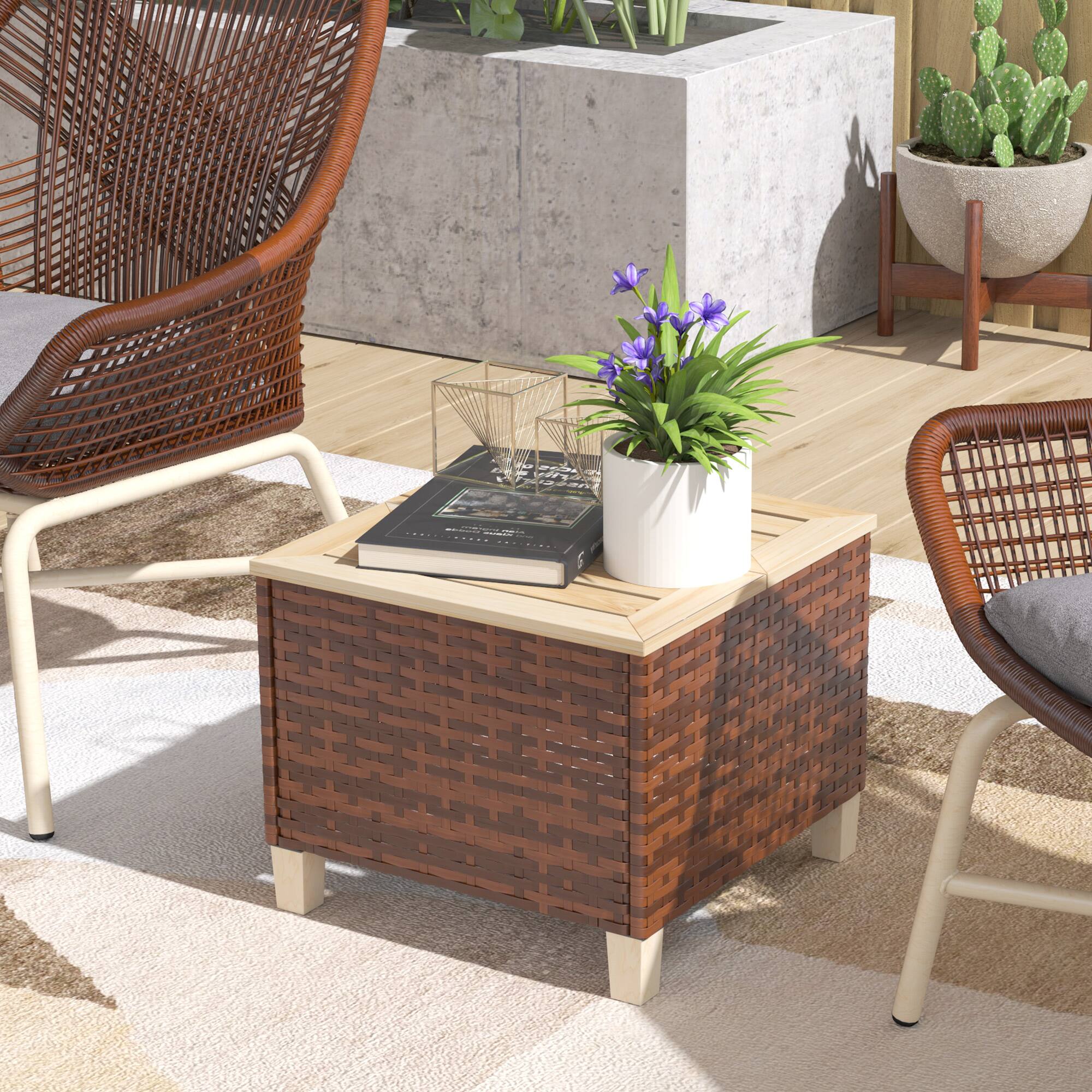Alt View 1. Outsunny - Outdoor Side Table with PE Rattan, Patio End Table with Natural Fir Wood Tabletop and Legs - Brown.