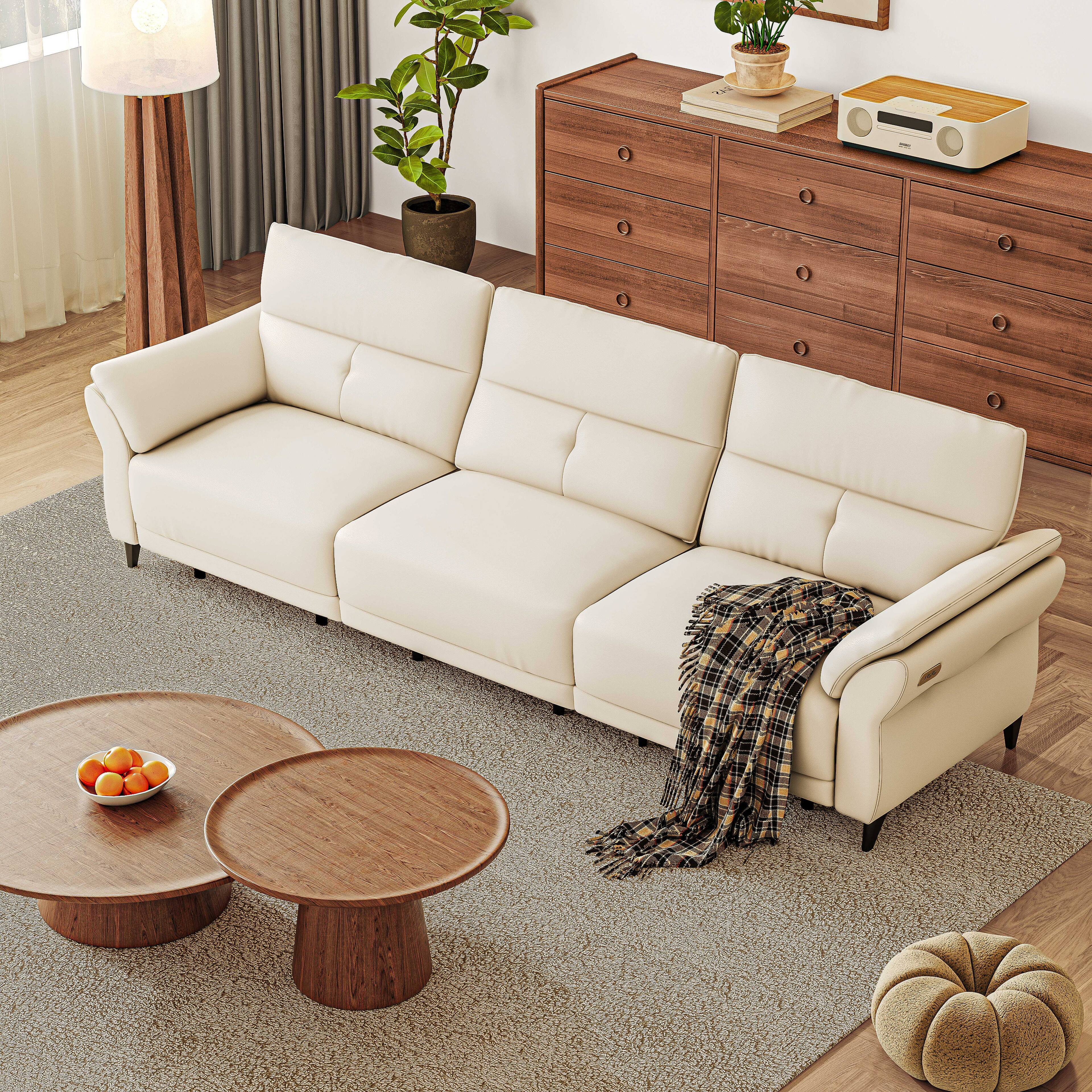 Front. MSOOB - 3 Seat Large Modern Leather Power Reclining Sofa, Dual Motor with Independent Control Button and USB Charging - Beige.