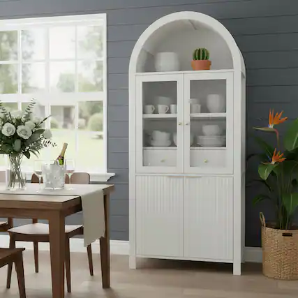 Front. Loheer - Loheer Arched Pantry Cabinet, White Tall Pantry Cabinet with Glass Doors, Drawer, Adjustable Shelves, 71 in - White.