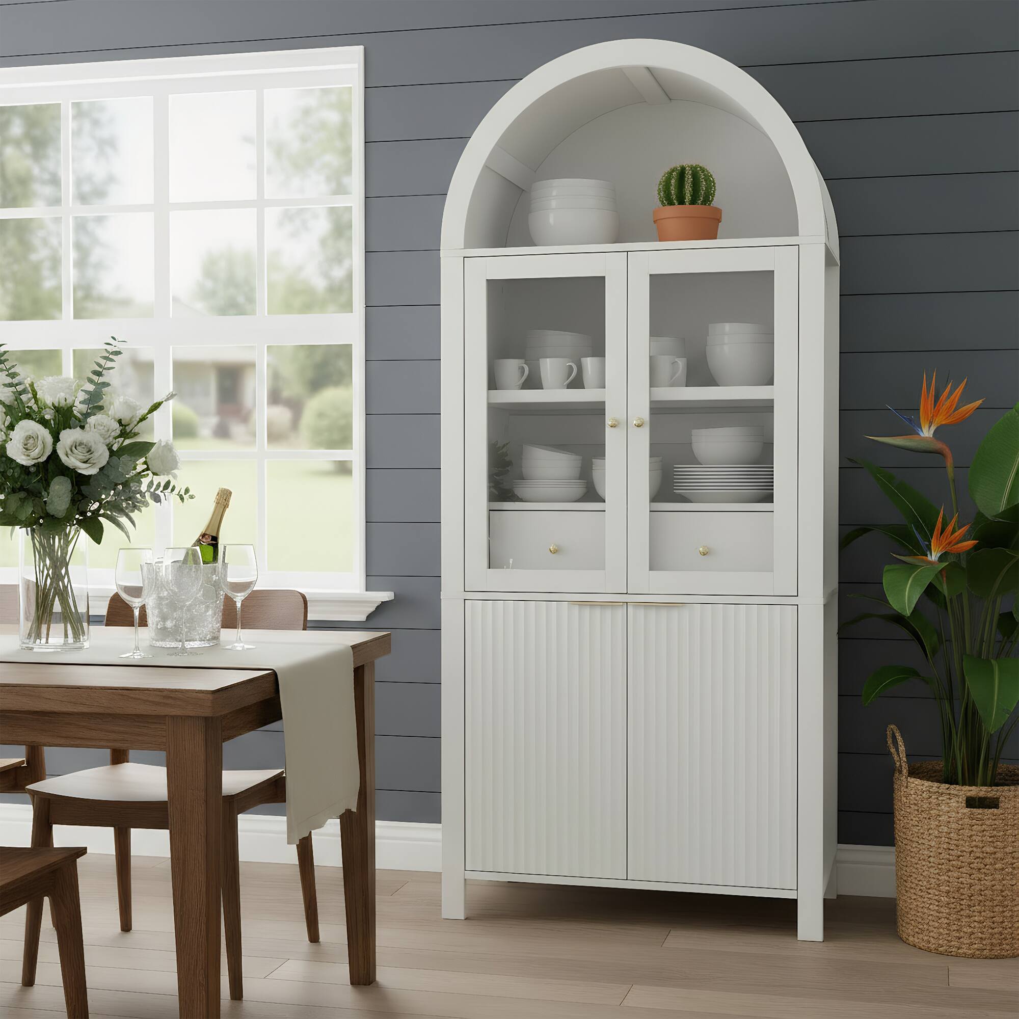 Front. Loheer - Loheer Arched Pantry Cabinet, White Tall Pantry Cabinet with Glass Doors, Drawer, Adjustable Shelves, 71 in - White.