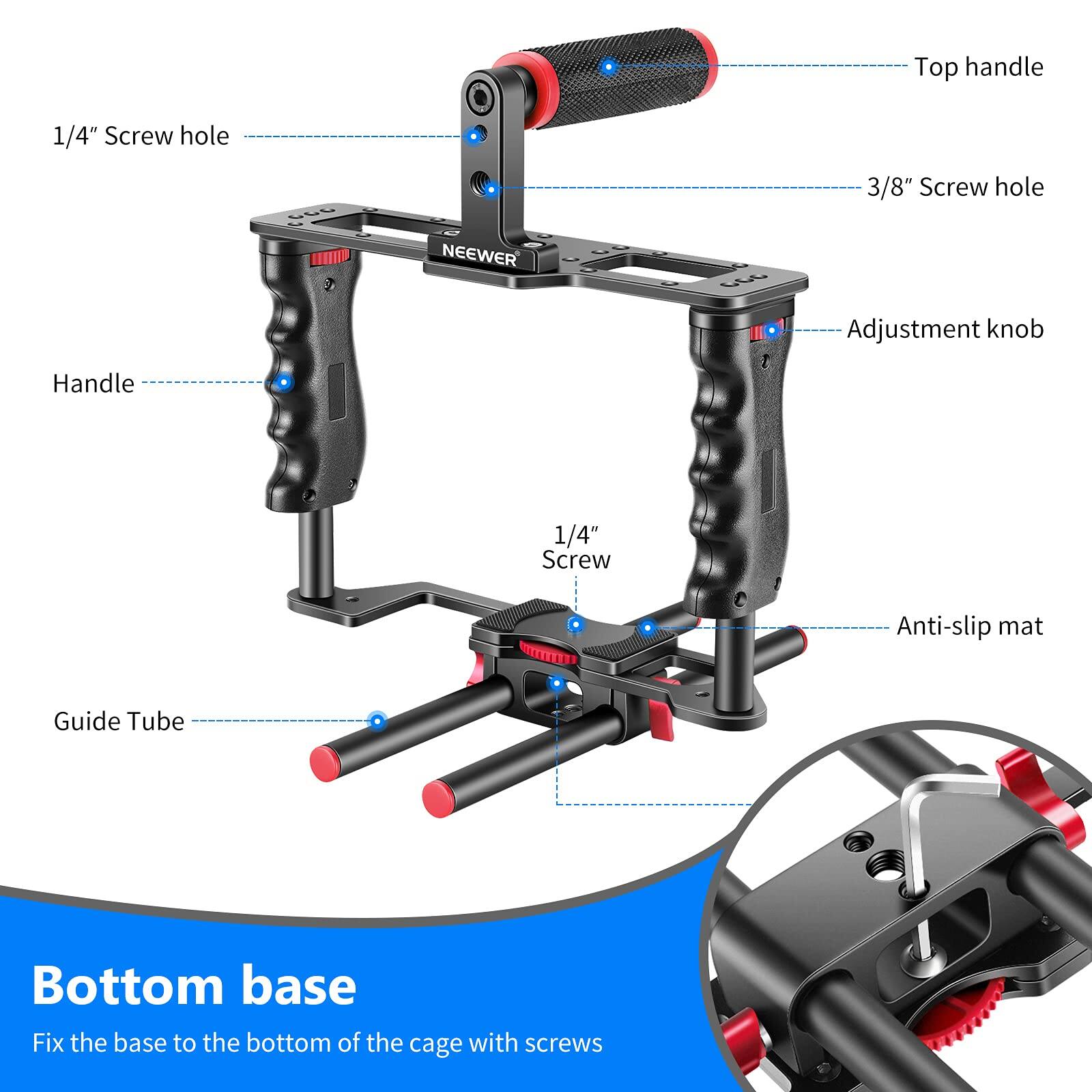 - Top handle
- 1/4" Screw hole
- 3/8" Screw hole
- NEEWER Adjustment knob
- Handle
- 1/4" Screw
- Anti-slip mat
- Guide Tube
- Bottom base
- Fix the base to the bottom of the cage with screws