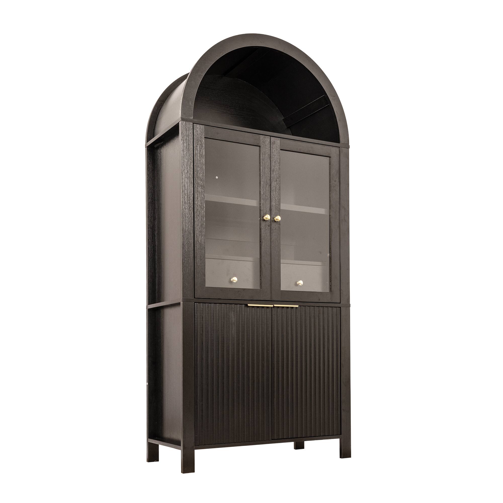 Alt View 9. Loheer - Loheer Arched Pantry Cabinet, Tall Fluted Black Pantry Cabinet with Glass Doors, Drawer, Adjustable Shelves, 71in - Black.