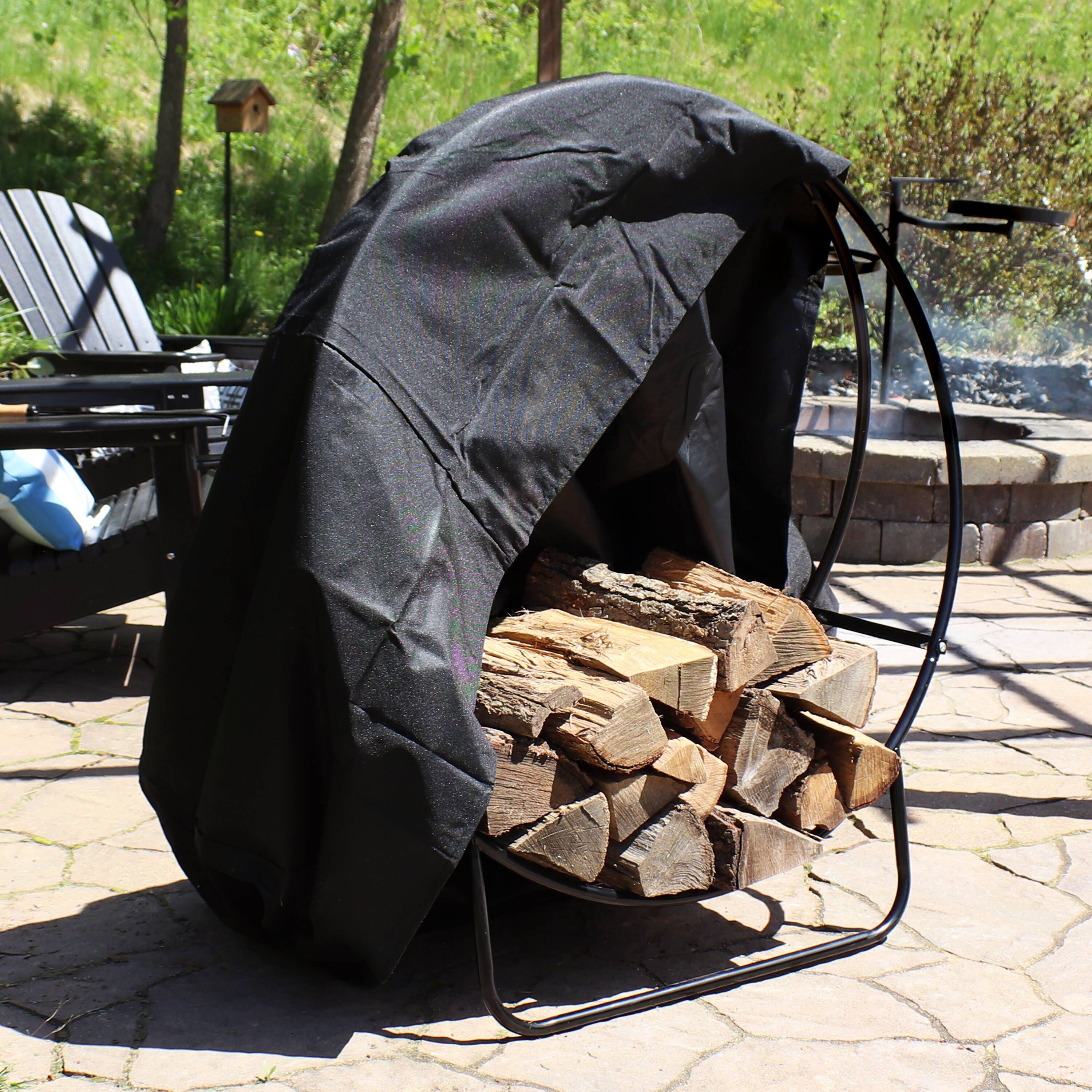 Alt View 1. Sunnydaze - 48 in Powder-Coated Steel Firewood Log Hoop Rack with Cover - Black.