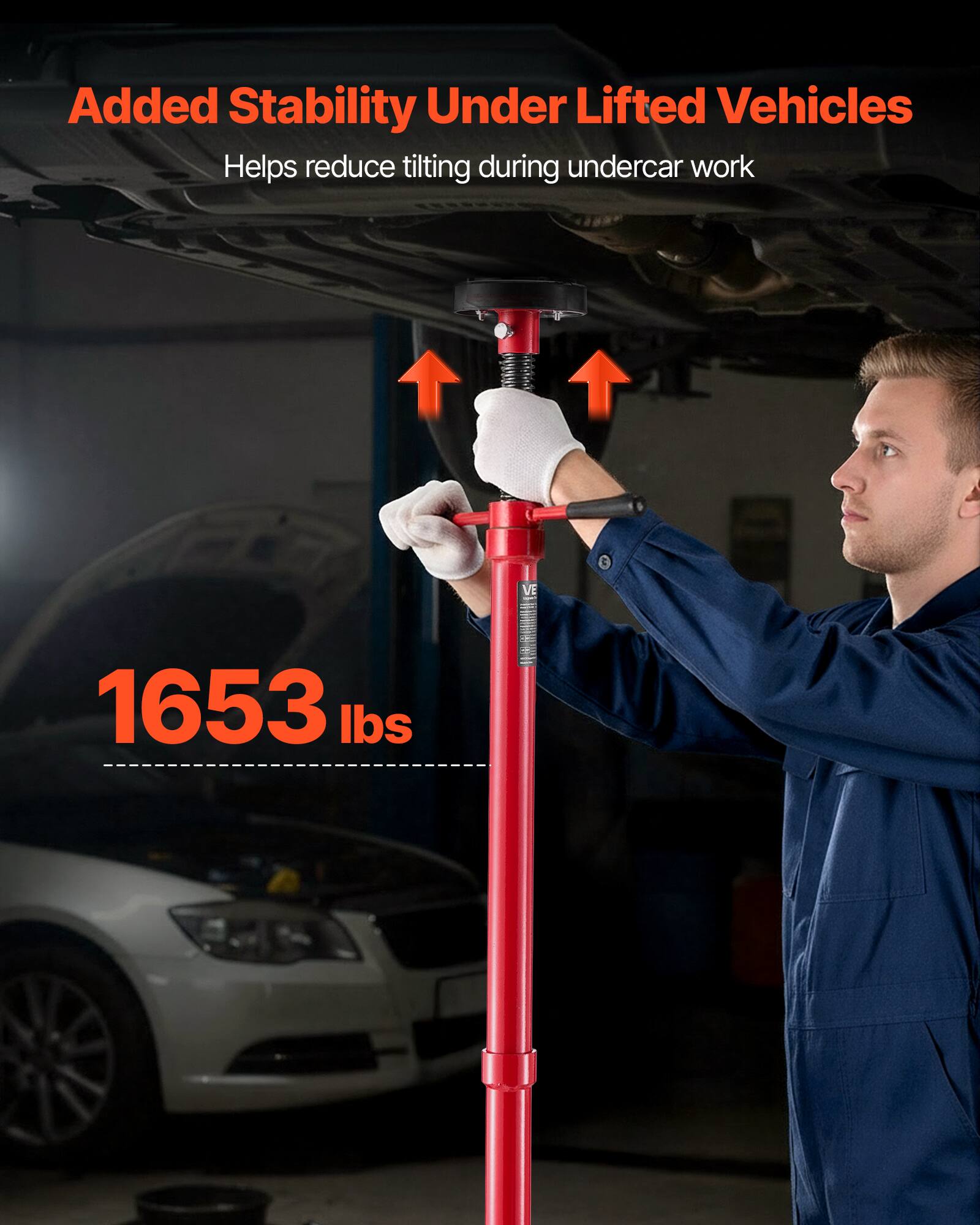 Added Stability Under Lifted Vehicles  
Helps reduce tilting during undercar work  

1653 lbs