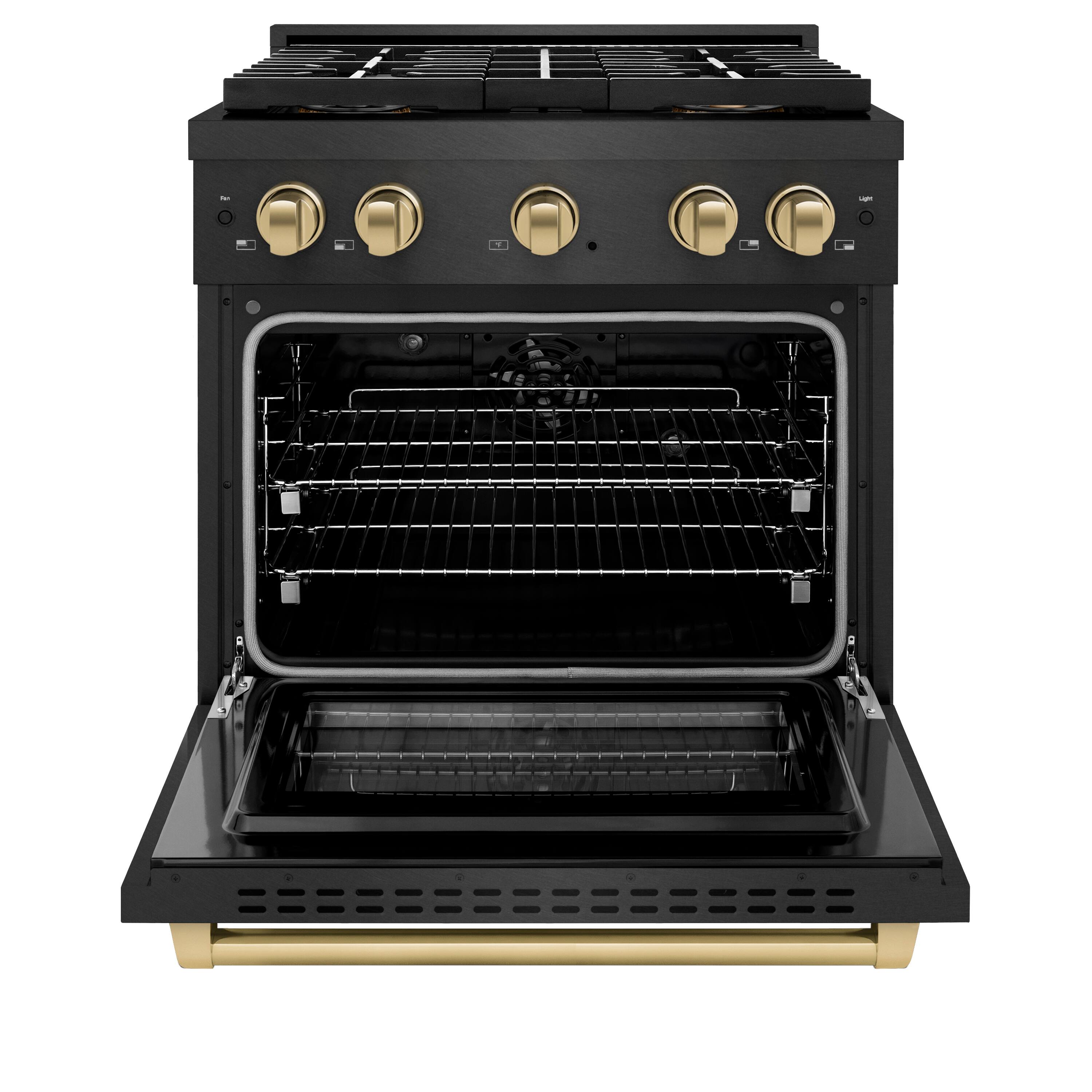 Angle. ZLINE - ZLINE Autograph 30 in. 4.2 cu. ft. Freestanding Paramount DuoPro Dual Fuel Range in Black Satin Steel and Bronze Accents - Black Satin Stainless Steel.