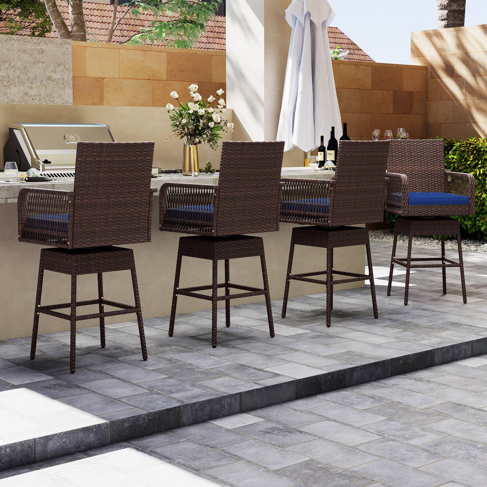 Alt View 4. Costway - Costway 1 PCS 29" Patio 360° Swivel Bar Stool with Cross-Woven Armrests Footrest & Seat Cushion - Navy.