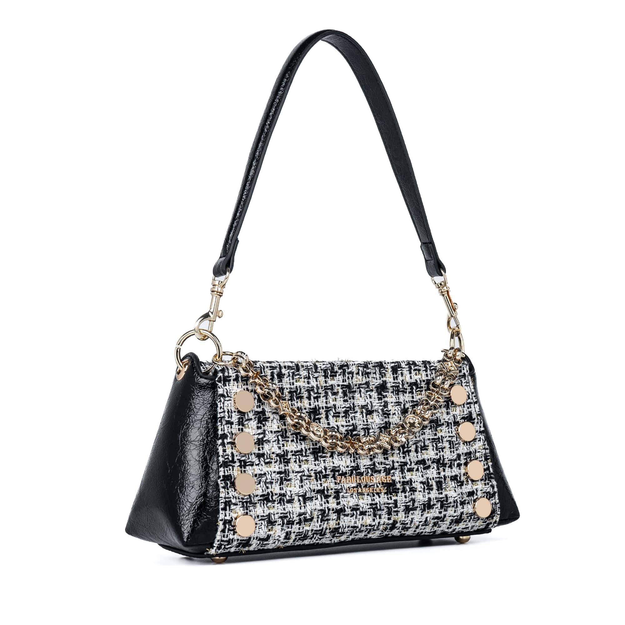 Live At Space - Shoulder Bags For Women Vegan Leather & Tweed Small Hobo Purses And Tote Handbags Studded Trendy Underarm Purse - Black Muti/White