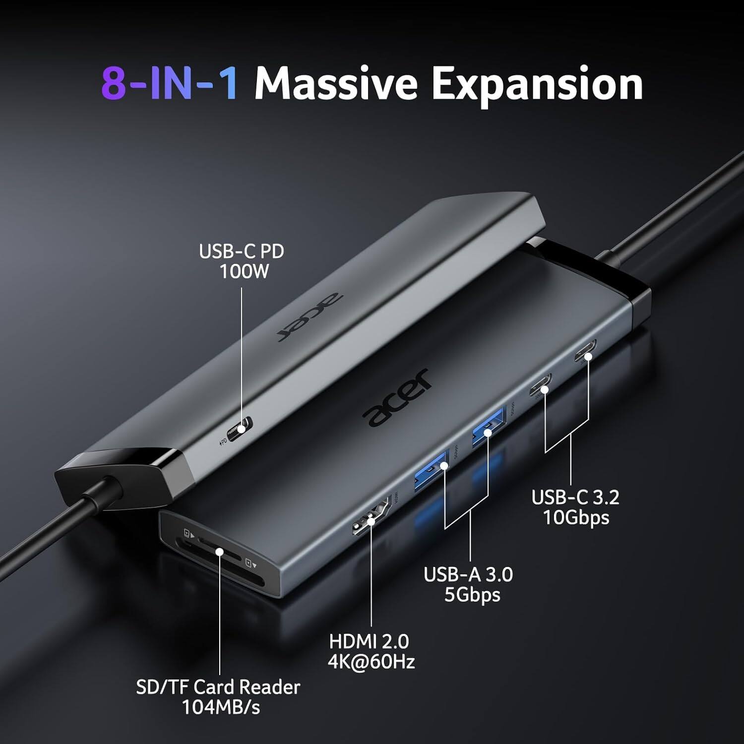 8-IN-1 Massive Expansion USB-C PD 100W SC6L  
USB-C 3.2 10Gbps  
USB-A 3.0 5Gbps  
HDMI 2.0 4K@60Hz  
SD/TF Card Reader 104MB/s