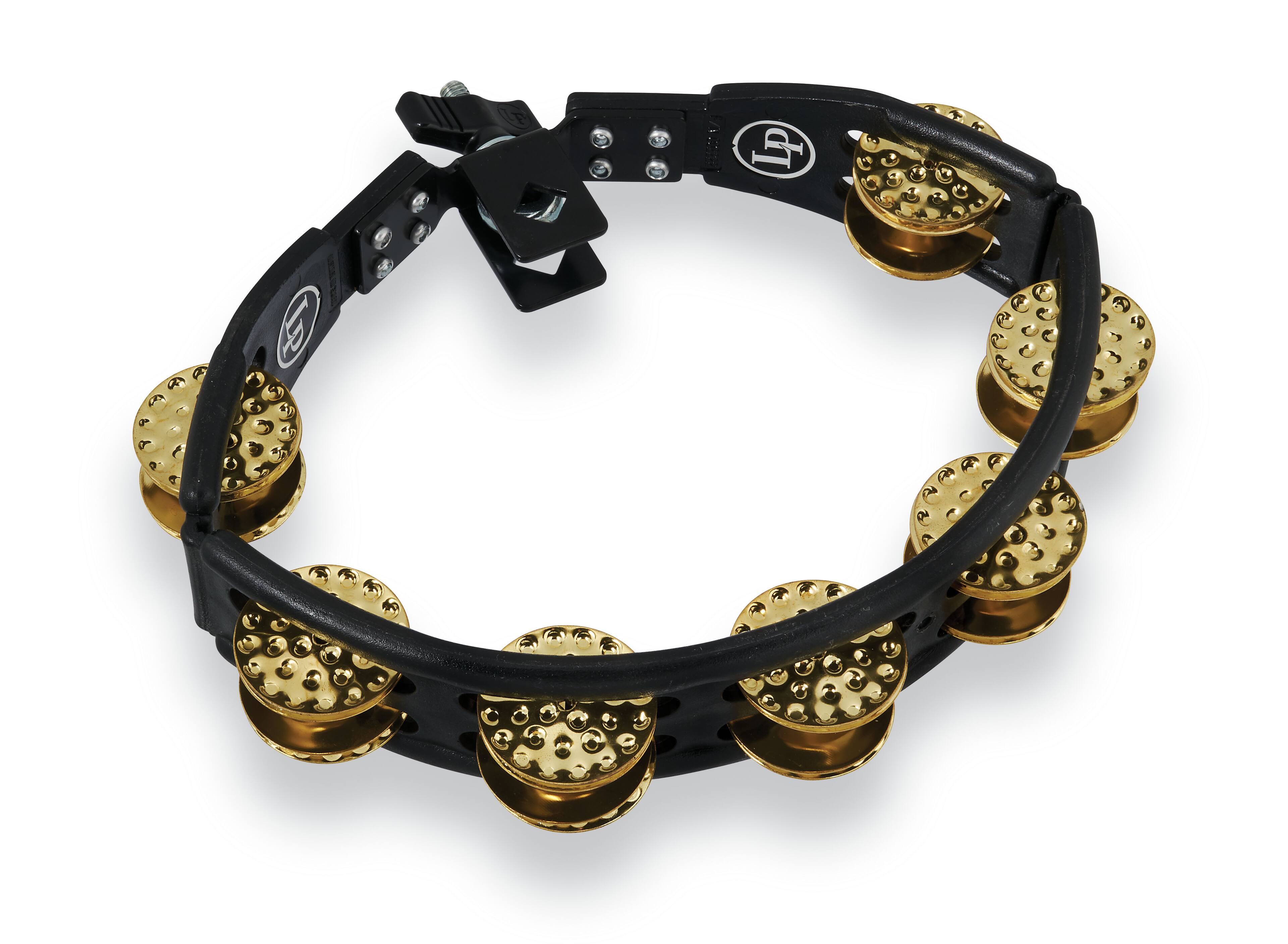 Angle. Latin Percussion - Cyclops Mounted Dimpled Tambourine, Brass.