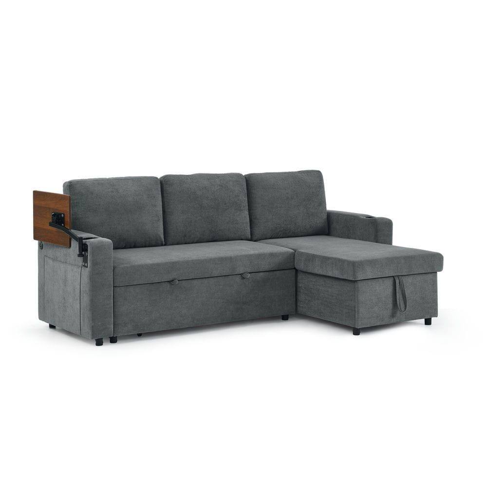 Alt View 6. Kadyn - Multi-Functional Chenille Sleeper Sofa, Retractable Table, LED Lights, USB Ports and Cup Holders, Gray - Gray.