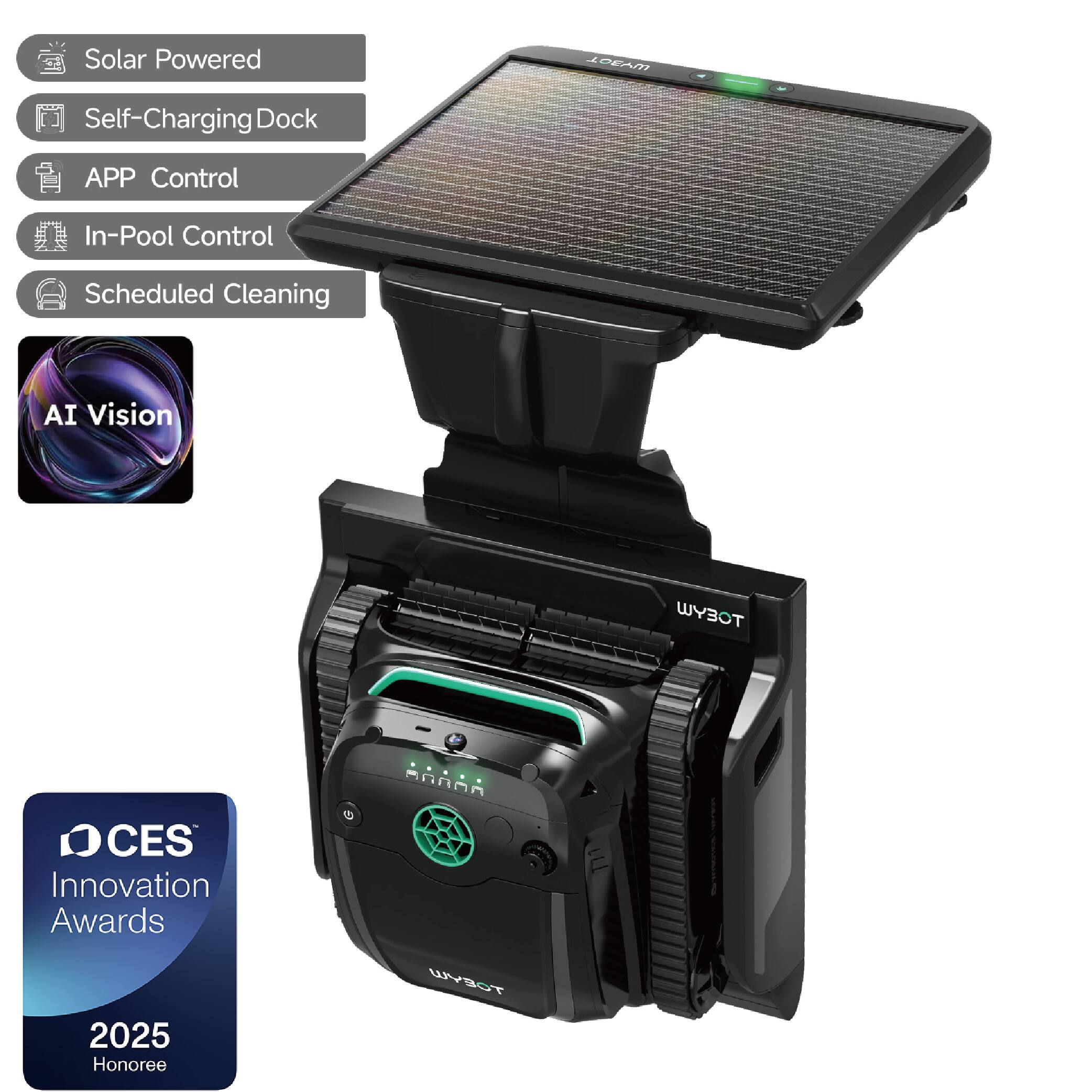 Solar Powered
Self-Charging Dock
APP Control
In-Pool Control
Scheduled Cleaning
AI Vision
CES Innovation Awards
2025 Honoree
TOEYWA