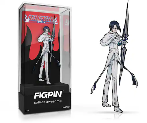 The text on the image is: "BLEACH T-14+ FIGPIN collect awesome. 1 FIGPIN 14+"
Corrected and grouped text: "BLEACH T-14+ FIGPIN collect awesome. 1 FIGPIN 14+"