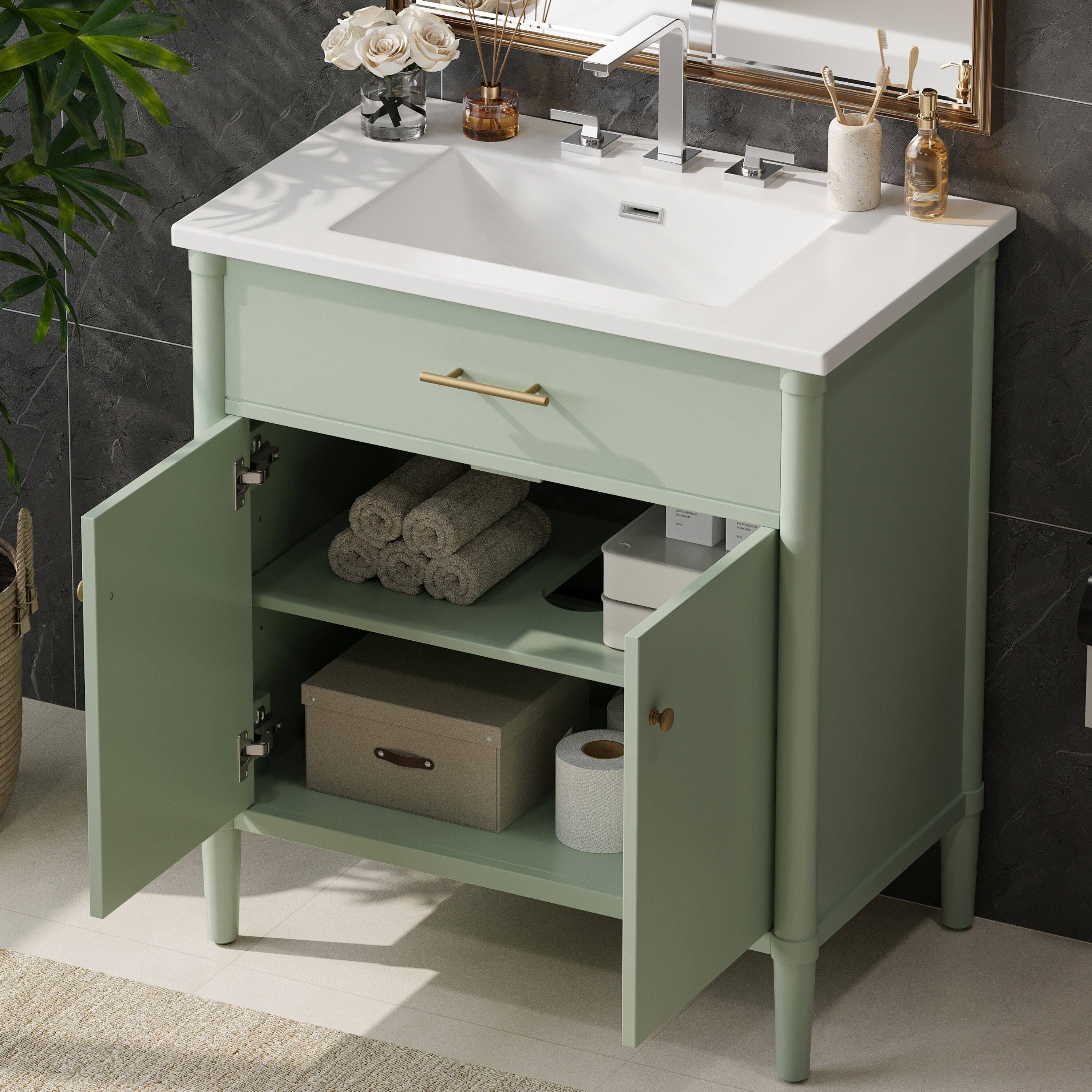 Left. Boyel Living - 31 Inch Bathroom Vanity with Sink Soft Close Doors Adjustable Shelf Curved Design Rubber Wood Legs Green - Green.