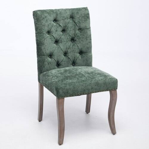 Left. LUCKY ONE - Assembled Tufted Chenille Dining Chair Set of 2 with Curved Solid Wood Legs Club Style - Olive Green.