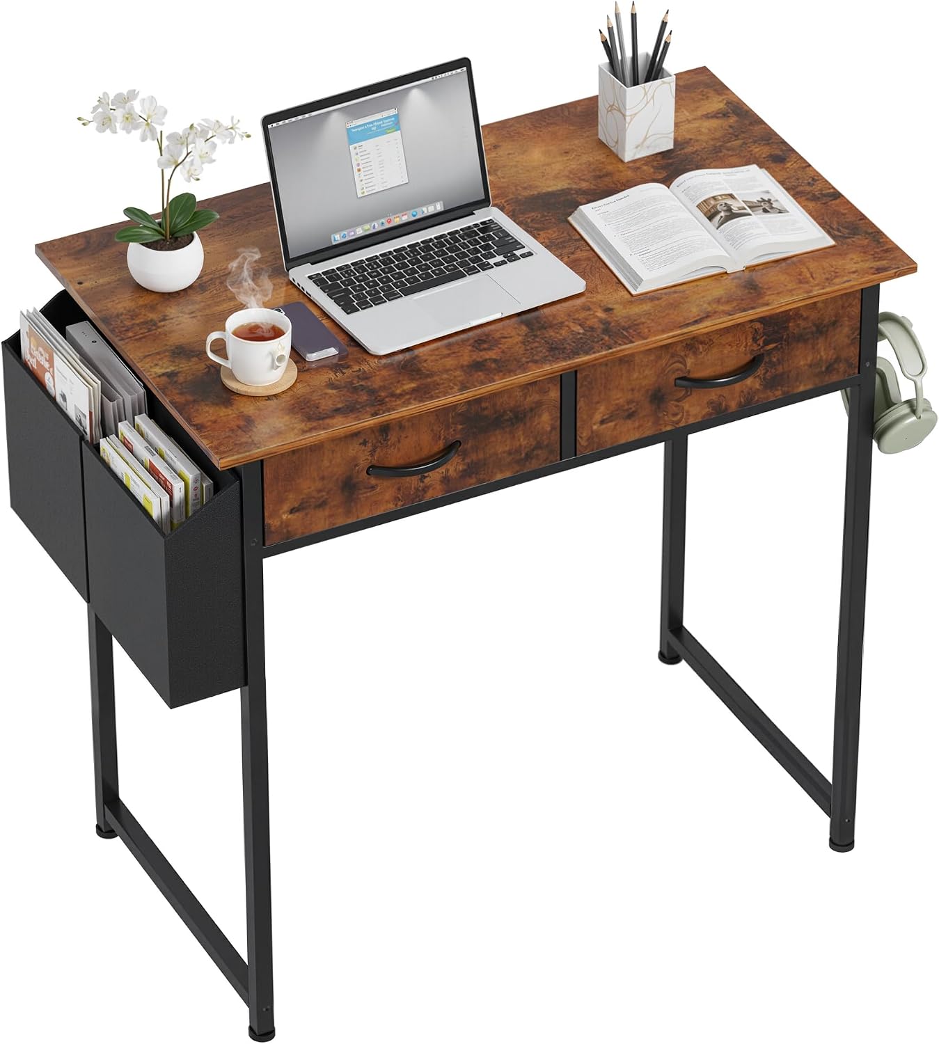 Left. Sweet - 32 Inch Computer Desk with File Drawers Cabinet for Bedroom Study Writing Home Office Table for Small Spaces, Rust - Rust.