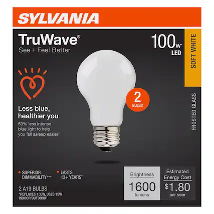 SYLVANIA TruWave See + Feel Better 100w WHITE LED SOFT Less blue, healthier you 50% less intense blue light to help you fall asleep easier* 2 BULBS GLASS FROSTED SUPERIOR LASTS DIMMABILITY+++ 13+ YEARS" 2 A19 BULBS *REPLACES 100W, USES 15W INDOOR/OUTDOOR Estimated Brightness Energy Cost 1600 $1.80 lumens per year