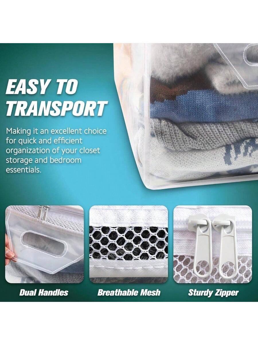 EASY TO TRANSPORT  
Making it an excellent choice for quick and efficient organization of your closet storage and bedroom essentials.  

Dual Handles  
Breathable Mesh  
Sturdy Zipper