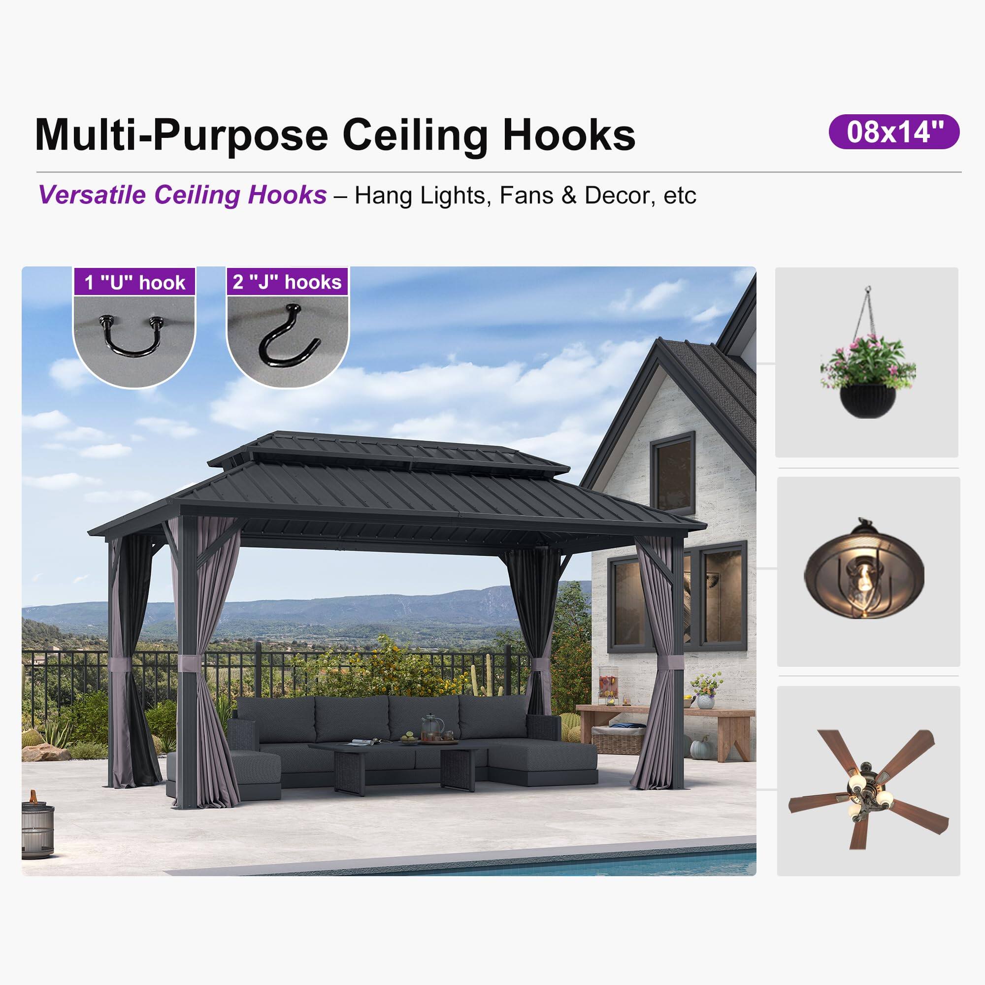 Multi-Purpose Ceiling Hooks  
Versatile Ceiling Hooks - Hang Lights, Fans & Decor, etc  

08x14"  
1 "U" hook  
2 "J" hooks