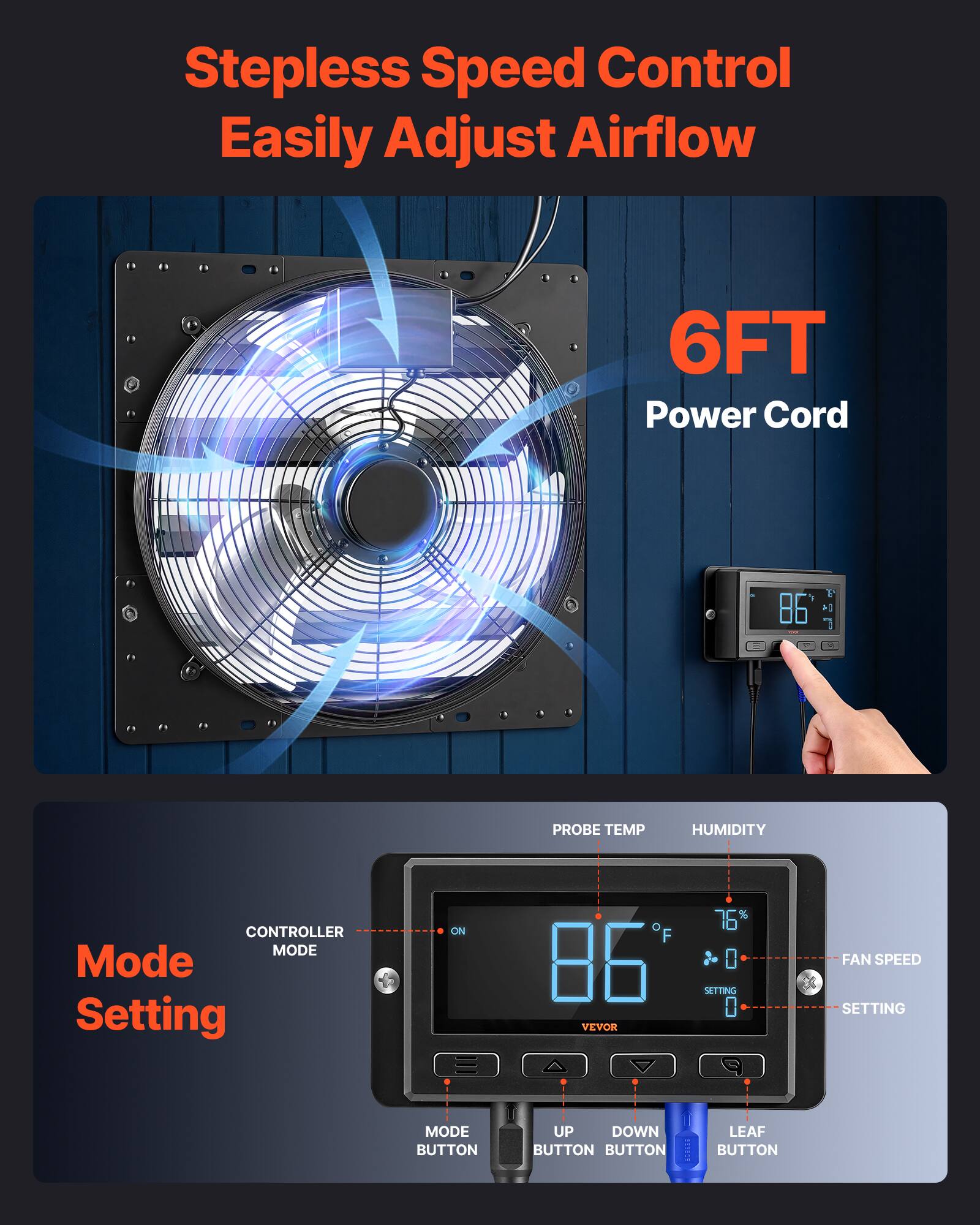Stepless Speed Control Easily Adjust Airflow  
6FT Power Cord  
1.86 1 F [4 I - PROBE TEMP HUMIDITY CONTROLLER MODE  
Mode Setting ON  
VEVOR  
F 76% 0 SETTING 0 FAN SPEED SETTING  
MODE BUTTON UP DOWN BUTTON BUTTON 1 LEAF BUTTON