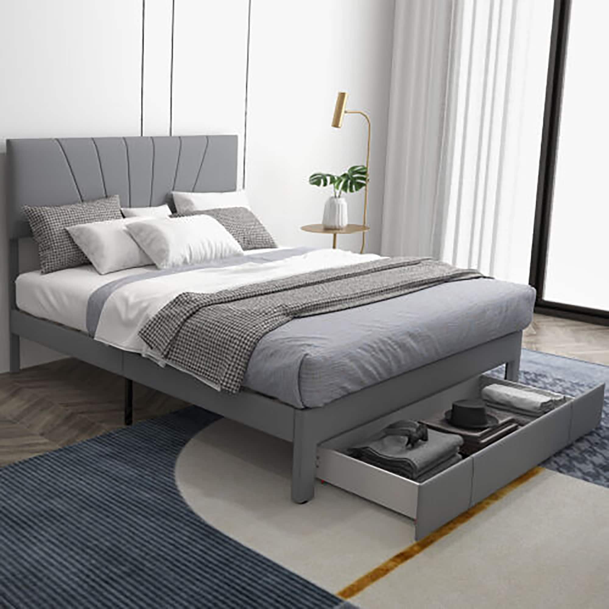 Gymax - Queen Upholstered Bed Frame Platform Bed with Drawer & Adjustable Headboard Grey - Gray