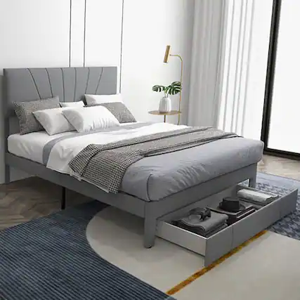Front. Gymax - Gymax Queen Upholstered Bed Frame Platform Bed with Drawer & Adjustable Headboard Grey - Grey.