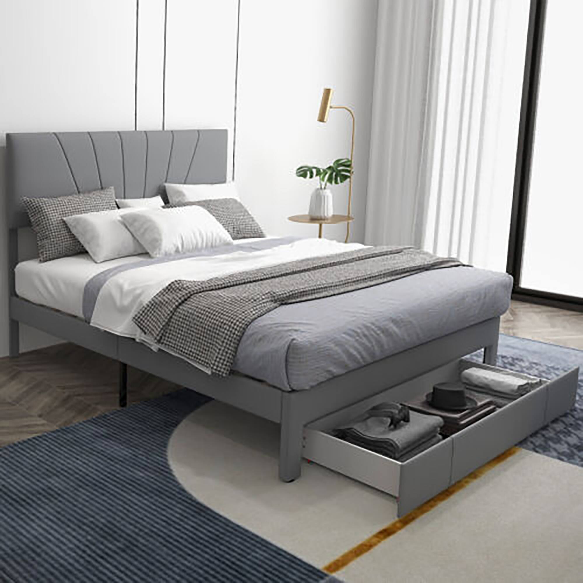 Front. Gymax - Gymax Queen Upholstered Bed Frame Platform Bed with Drawer & Adjustable Headboard Grey - Grey.