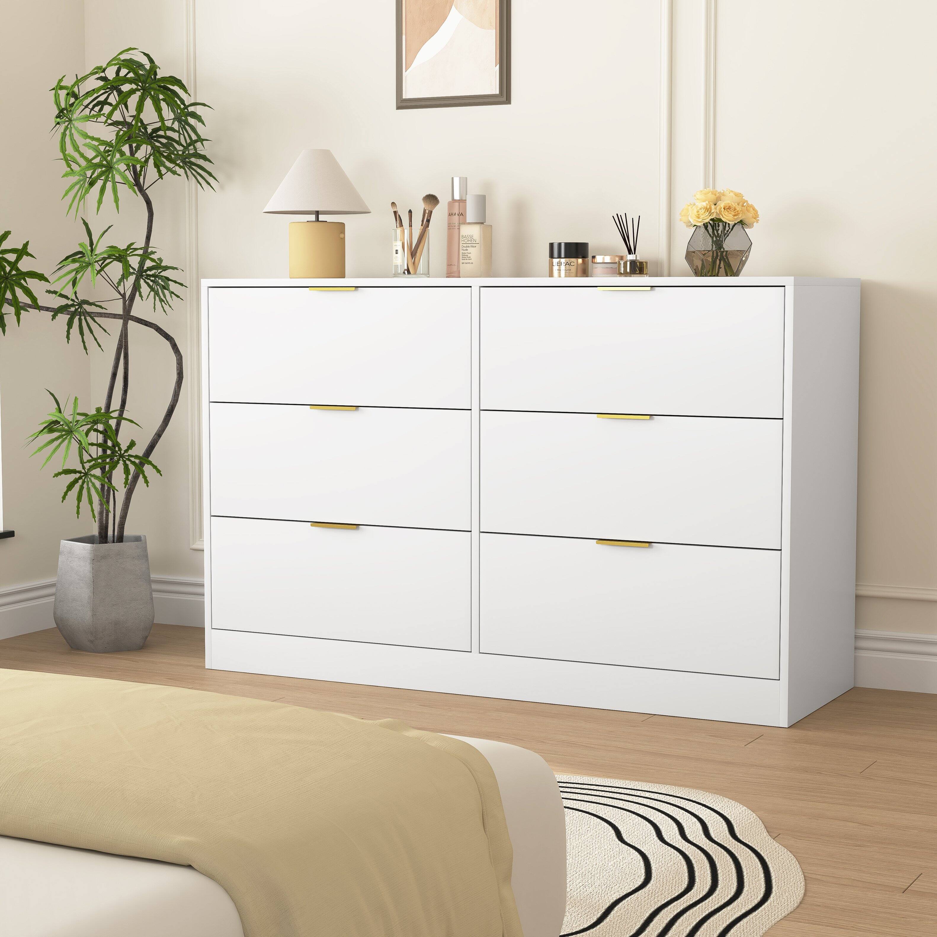 Left. Z-Edge - 6 Drawer Dresser for Bedroom, Modern Chest of Drawers, Wood Storage Double Dresser with Deep Drawers for Living Room - White.