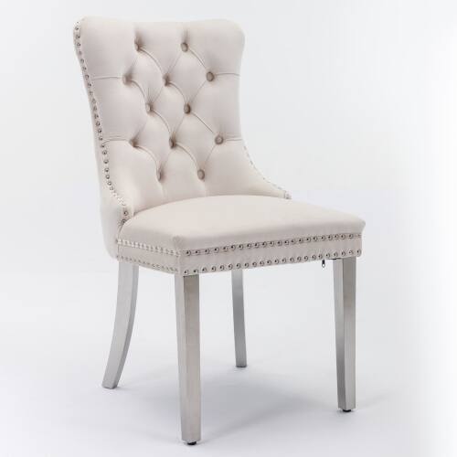 Angle. LUCKY ONE - Assembled Tufted Velvet Dining Chair Set of 2 with Chrome Stainless Steel Legs Nailhead Trim - Beige.