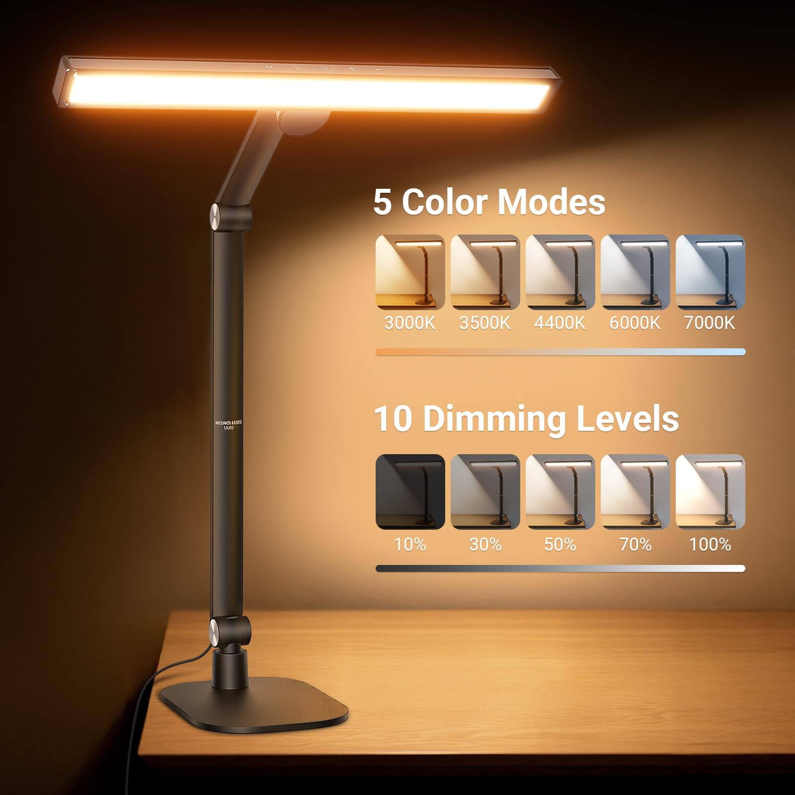 5 Color Modes  
3000K 3500K 4400K 6000K 7000K  

10 Dimming Levels  
10% 30% 50% 70% 100%