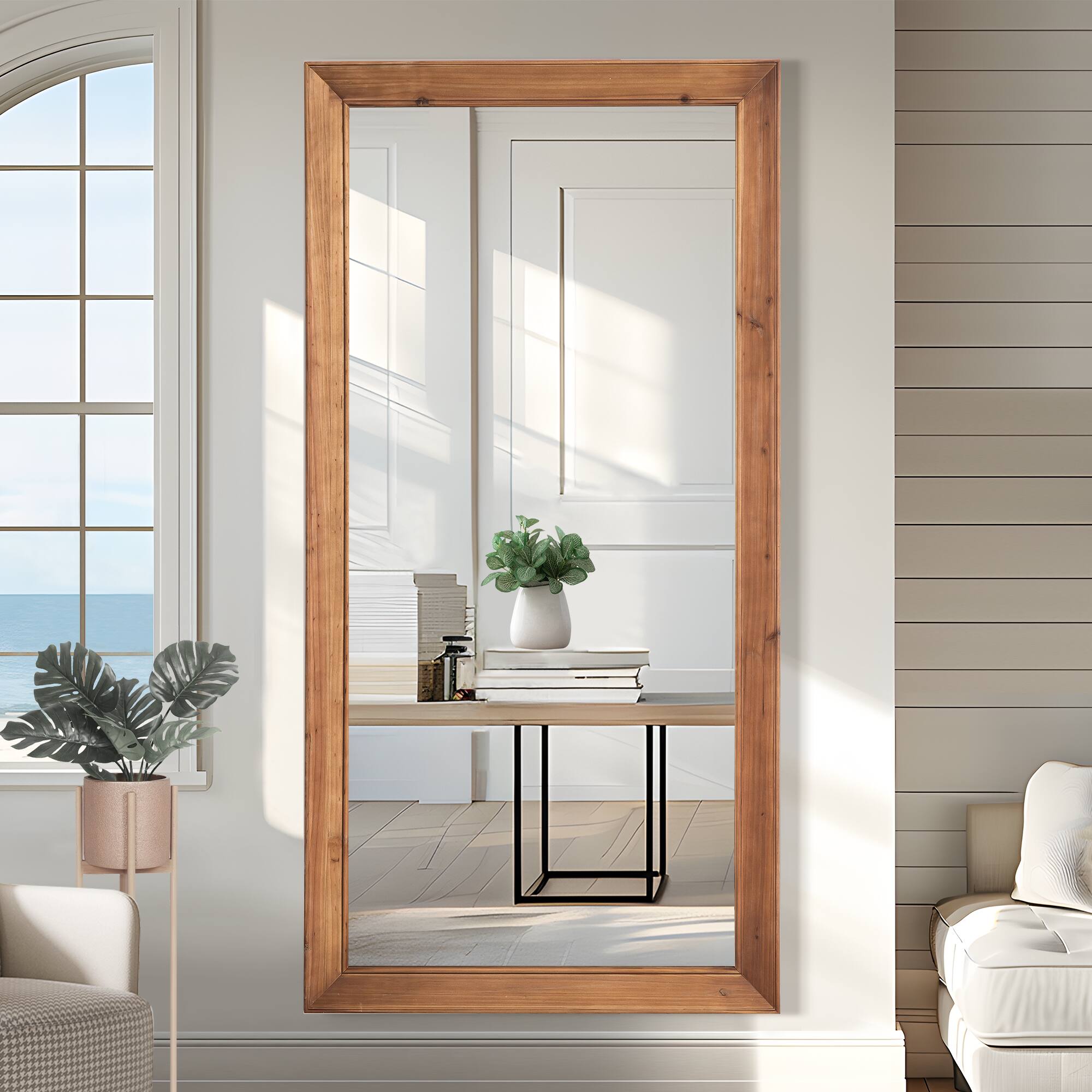 Alt View 1. PexFix - 71"x35" Full Length Mirror Solid Wood Frame Floor Mirror with Stand Rustic Wall Mounted Mirror Large Dressing Mirror - Brown.