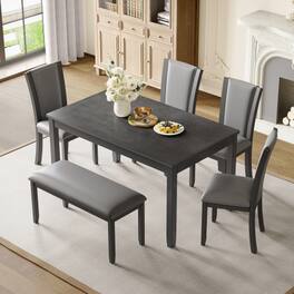 LUCKY ONE - 6-Piece Modern Dining Set with 58.5" Rectangular Dining Table, Bench and 4 Upholstered Chairs - Gray
