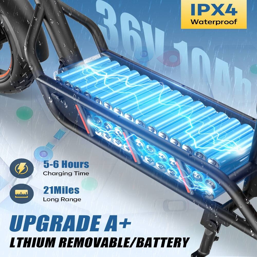 IPX4 Waterproof  
36V 10Ah  
5-6 Hours Charging Time  
21 Miles Long Range  
UPGRADE A+  
LITHIUM REMOVABLE BATTERY