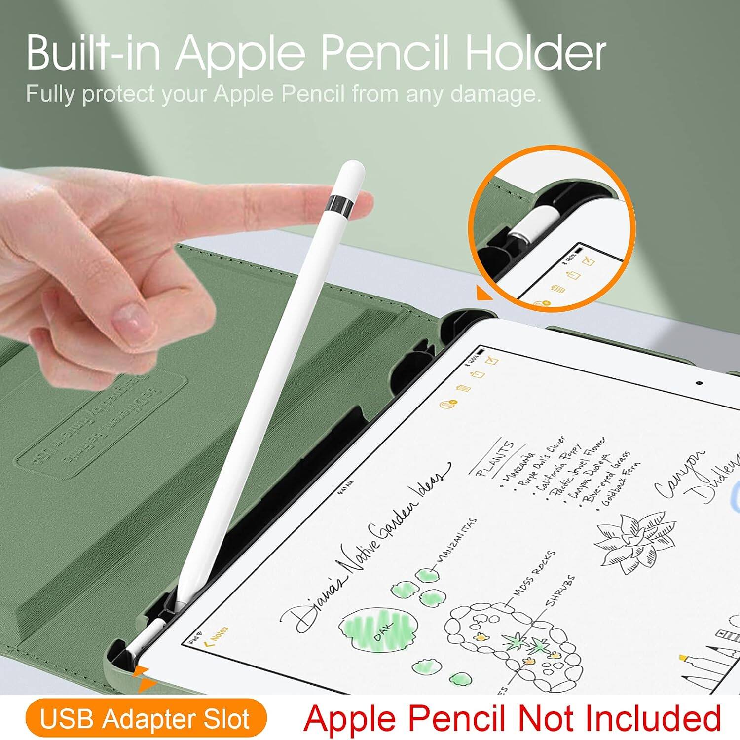 Built-in Apple Pencil Holder  
Fully protect your Apple Pencil from any damage.

USB Adapter Slot  
Apple Pencil Not Included