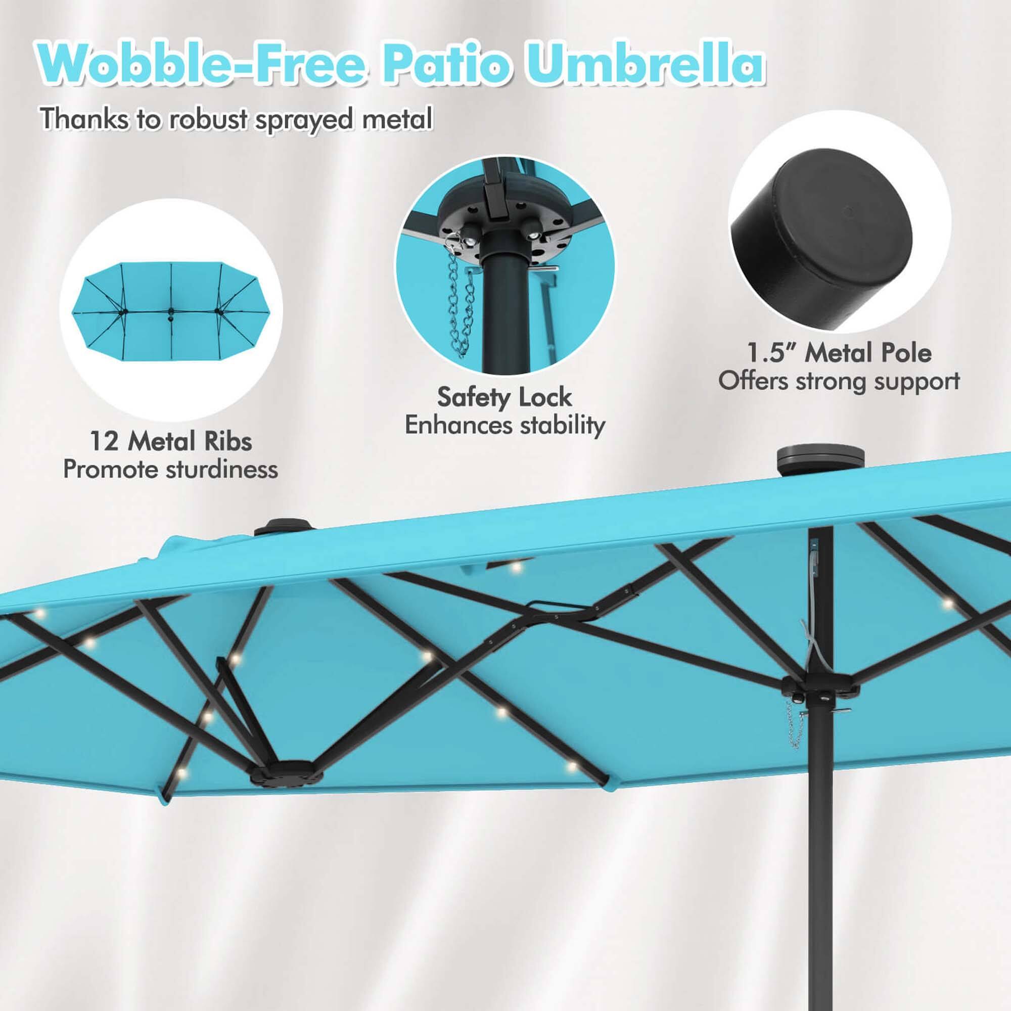 Wobble-Free Patio Umbrella: Thanks to robust sprayed metal, this umbrella offers 12 metal ribs that promote sturdiness. The safety lock enhances stability, while the 1.5" metal pole offers strong support.