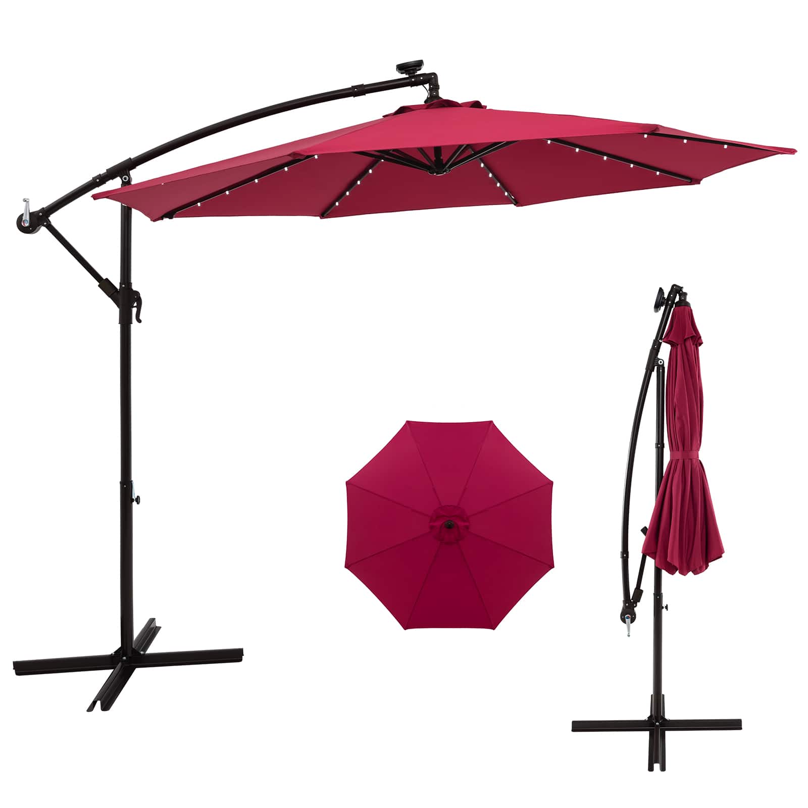 Front. Costway - 10 Ft Patio Solar LED Offset Umbrella 40 Lights Crank Cross Base - Red.