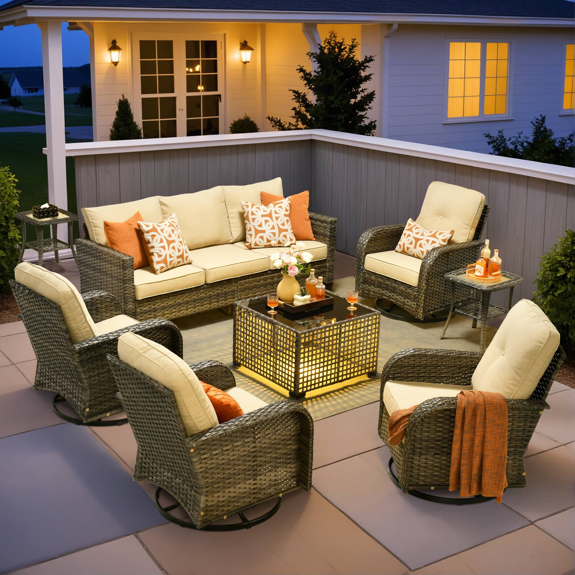 Ovios - 8 PCS Patio Furniture, 3 Seat Sofa with Coffee Table, Swivel Chairs with Side Table for Yard - Beige